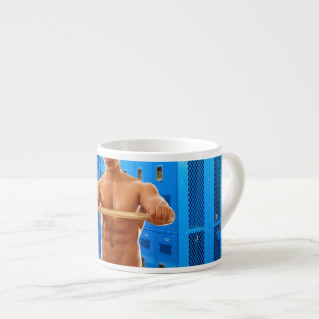 Tasse Expresso SlipperyJoe homme musclé abs vestiaire pièce carre (Devant droit)