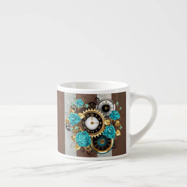 Tasse Expresso Steampunk Clock and Turquoise Roses on Striped (Droite)