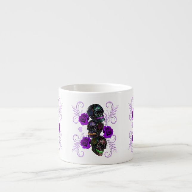 Tasse Expresso Triple Jour Noir Des Crânes Morts Roses Violets (Devant)