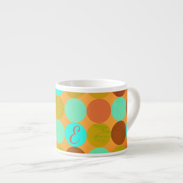 Tasse Expresso Turquoise Bleu Vert & Cercles Orange Monogramme (Devant droit)