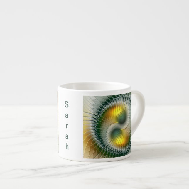 Tasse Expresso Yin Yang Vert Jaune Abstrait Fractal Nom (Devant droit)