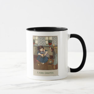 Tasse Fille vérifiant ses chaussures complètement des