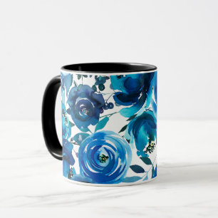 Tasse Fleurs Florales Indigo Bleu Élégant Shabby Chic