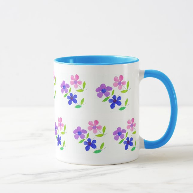 Tasse Floral moderne, rose, bleu, mauve, vert sur blanc (Droite)