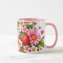 Tasse florale fraise rose | Cadeau mignon pour ell