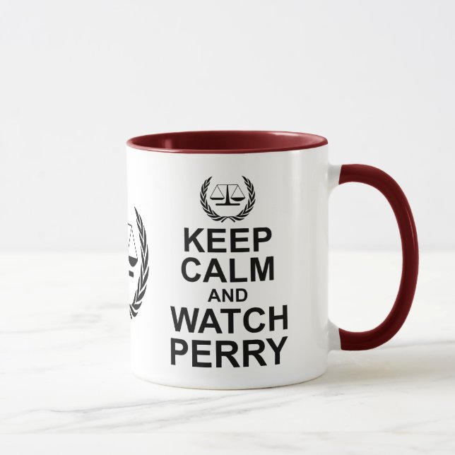 Tasse Gardez le calme et observez Perry Humour légal (Droite)