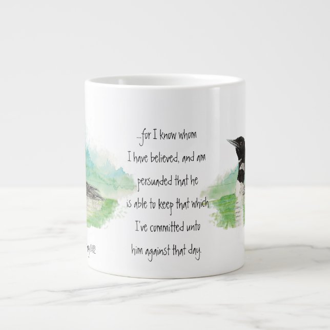 Tasse Géante Aquarelle Loon 2 Timothée 1:12 Écriture Christian (Devant)