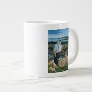 Tasse Géante Berger avec des moutons dans le paysage de rivière