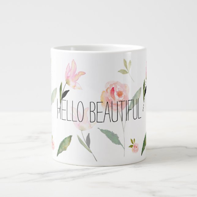 Tasse Géante Bonjour la belle aquarelle florale (Devant)