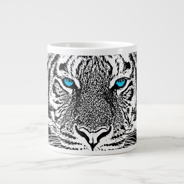 Tasse Géante Conception noire et blanche de tigre d'yeux bleus (Devant)