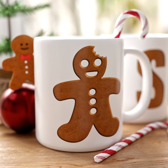 Tasse Géante Cute pain d'épices Homme Cookie Monogramme Noël (A fun and festive large coffee mug featuring a Christmas Cookie  Gingerbread Man and your initial)