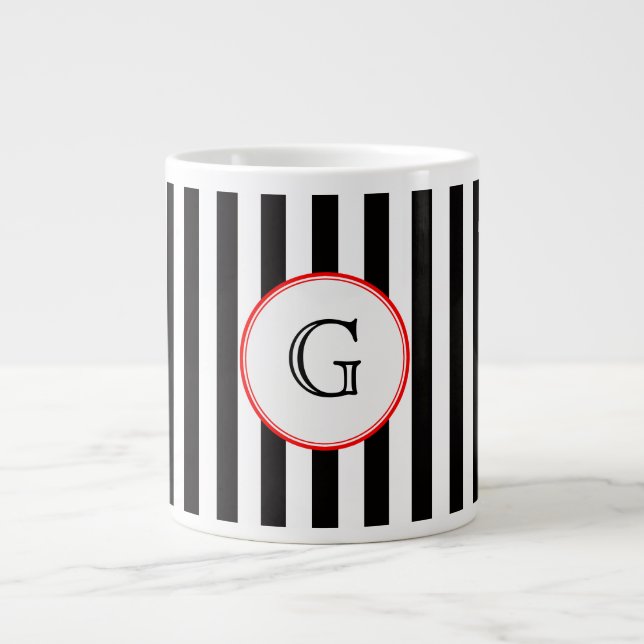 Tasse Géante Étiquette de monogramme noir blanc moyen rayé roug (Devant)
