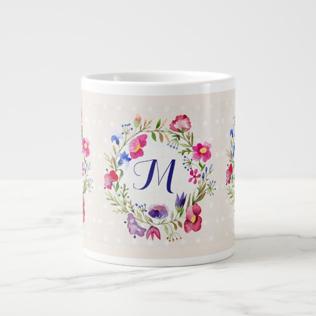 Tasse Géante Fleurs d'aquarelle mûre Floral Fine Monogramme (Devant)
