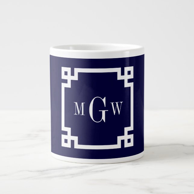 Tasse Géante Marine Bleu Gros Clé Grecque #2 Cadre 3 Init Monog (Devant)