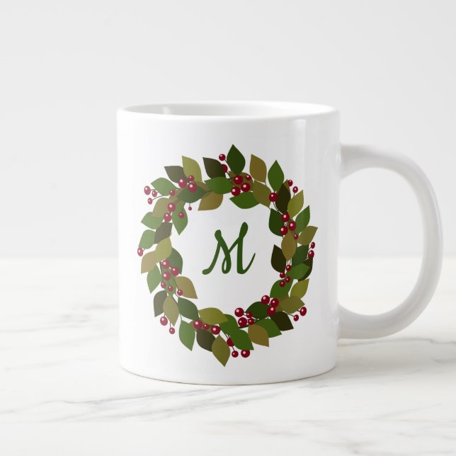 Tasse Géante Monogram Holiday Wreath | Berries et Feuilles (Droite)
