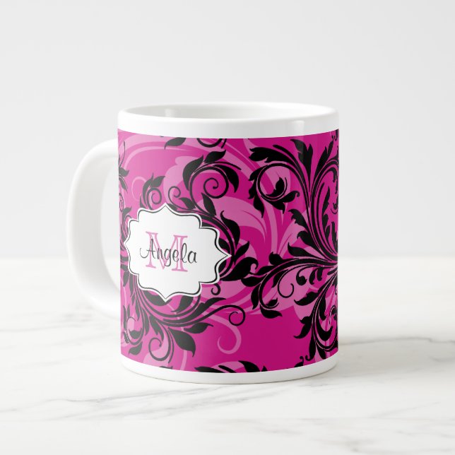 Tasse Géante Monogramme Pink et Noir Scrolled Jumbo 20 oz.Mug (Devant gauche)