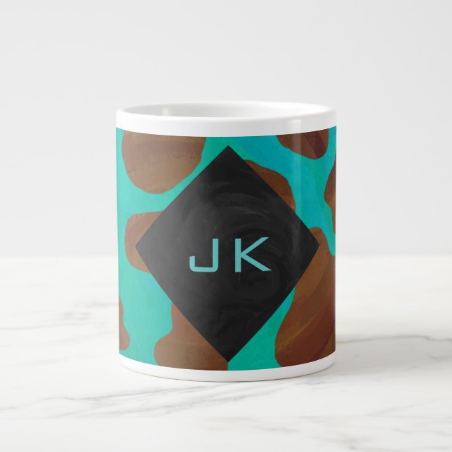 Tasse Géante Monogramme Vache Impression Brown et Turquoise (Devant)