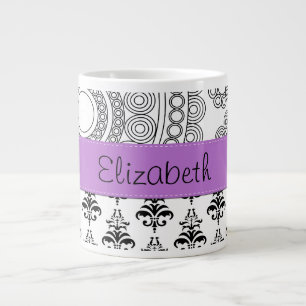 Tasse Géante Motif Damas, Damas noir et blanc, Votre nom