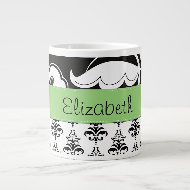 Tasse Géante Motif Damas, Damas noir et blanc, Votre nom (Devant)