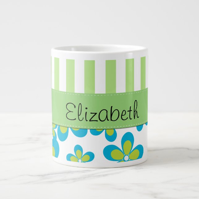 Tasse Géante Motif De Fleurs, Grandes Vertes, Votre Nom (Devant)