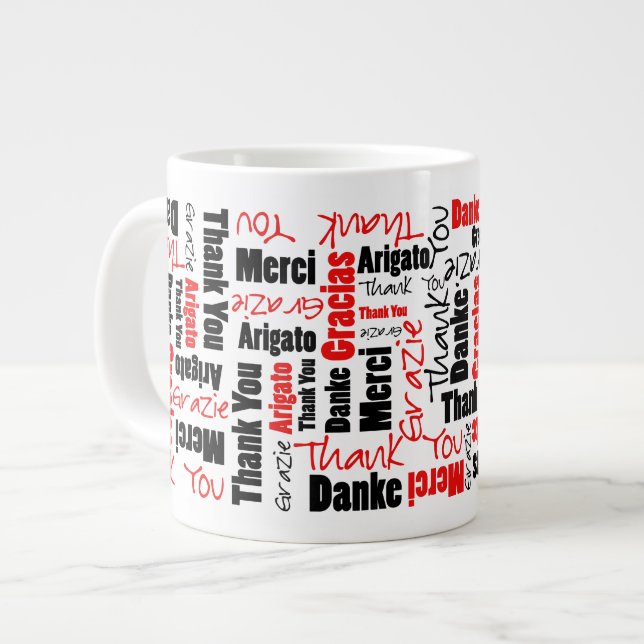 Tasse Géante Noir rouge Merci multilingue Nuage de mots (Devant gauche)