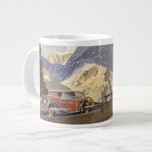 Tasse Géante Voiture vintage sur une route de montagne en hiver