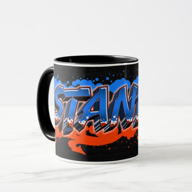 Tasse graffiti bleu orange au prénom Stanley (Devant gauche)