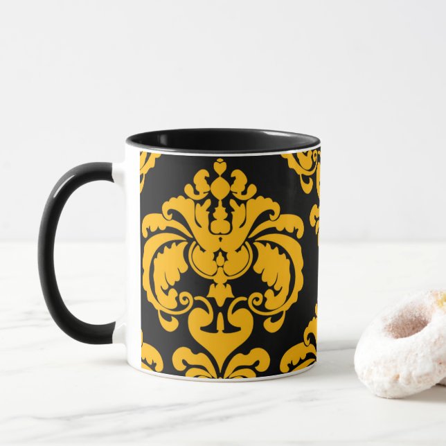 Tasse Gras Jaune & Noir Élégant Chic Damask Motif (Avec donut)