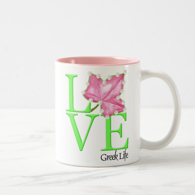 Tasse grecque de la vie d'amour rose et vert (Droit)