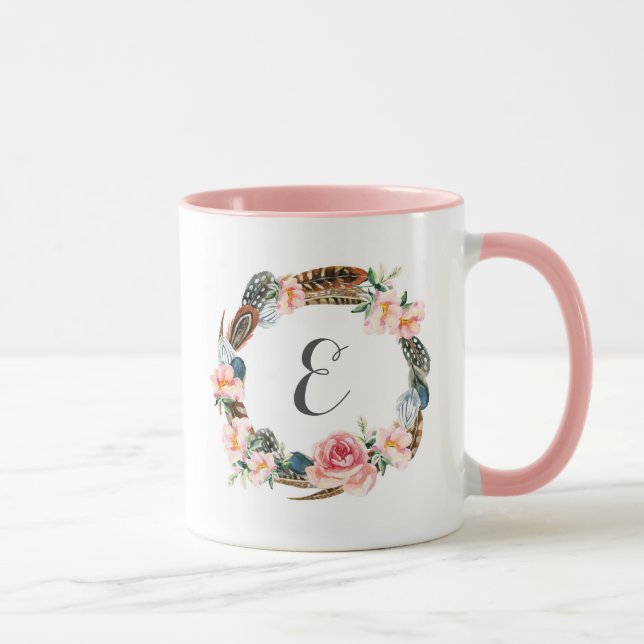 Tasse Guirlande florale d'aquarelle avec le monogramme (Droite)