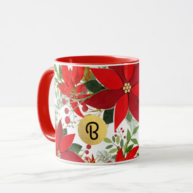 Tasse Hiver Rouge Blanc Or Poinsettie vacances Personnal (Devant gauche)