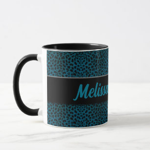 Tasse Impression Cheetah turquoise avec noir et nom