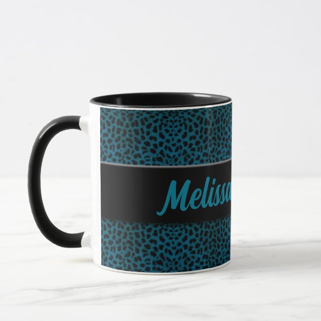 Tasse Impression Cheetah turquoise avec noir et nom (Gauche)