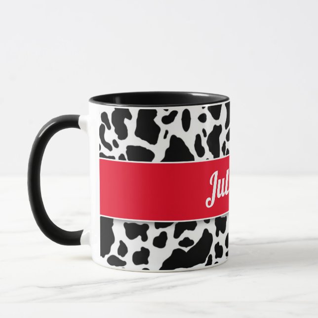 Tasse Impression de vache avec bordure rouge et nom blan (Gauche)
