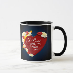 Tasse Je t'aime, coeur rouge/roses blancs