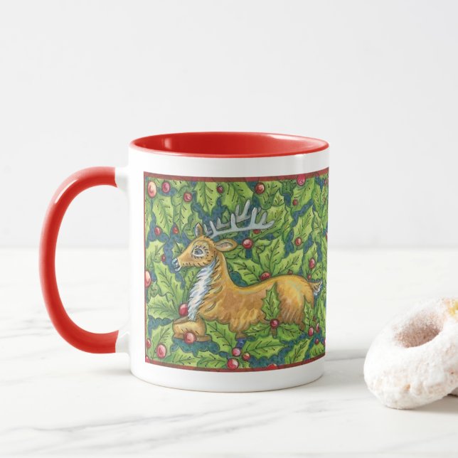 Tasse Joli renne de Noël en forêt avec Holly (Avec donut)
