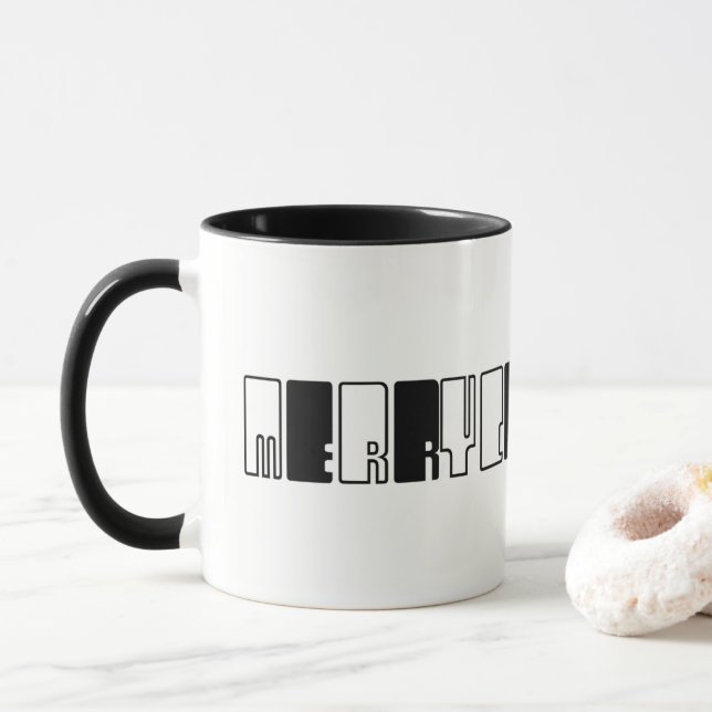 Tasse Joyeux Noël Piano Keys Typographie noir blanc (Avec donut)