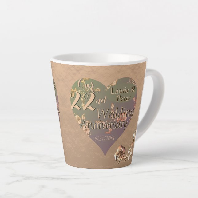 Tasse Latte 22e Anniversaire du Mariage de cuivre Coeurs Roses (Angle droit)