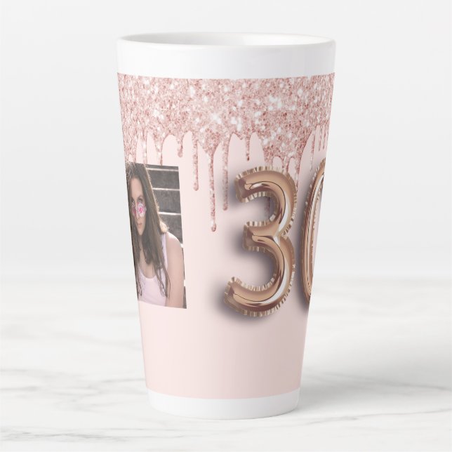 Tasse Latte 30e anniversaire rose gouttes photo rose or (Devant)