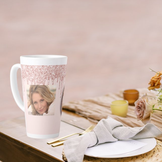 Tasse Latte 60th birthday photo rose gold glitter pink balloon (Créateur téléchargé)