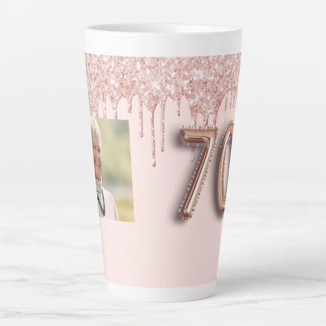 Tasse Latte 70e anniversaire photo rose gouttes rose or (Devant)