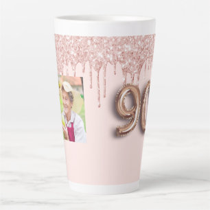 Tasse Latte 90e anniversaire photo rose gouttes rose or