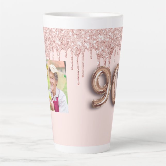 Tasse Latte 90e anniversaire photo rose gouttes rose or (Devant)