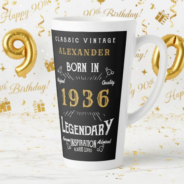 Tasse Latte 90th Birthday 1936 Legendary Retro (1936 latte mug with a white and gold background.)