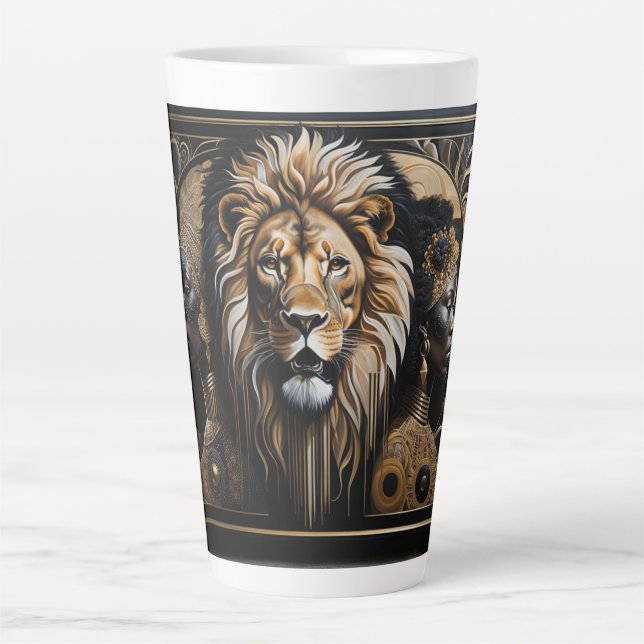 Tasse Latte Afrofuturisme du couple avec un lion (Devant)