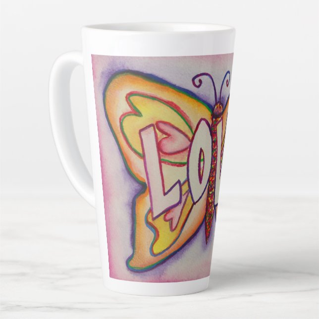Tasse Latte Amour Word Art rose Papillon d'aile Coupe Latte Mu (Angle gauche)