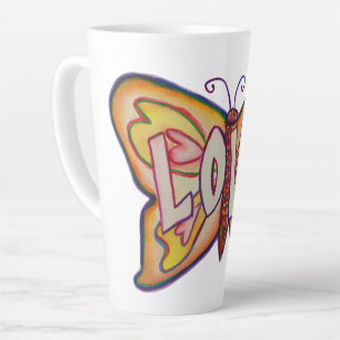 Tasse Latte Amour Word Art rose Papillon d'aile Coupe Latte Mu