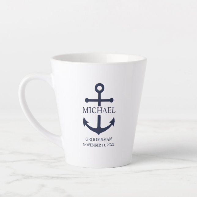 Tasse Latte Ancre Bleue marine Nautique Groomsmen personnalisé (Gauche)