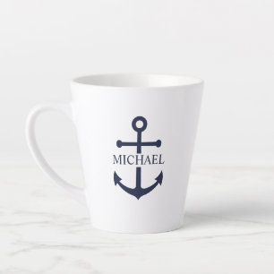 Tasse Latte Ancre bleue marine Nom personnalisé