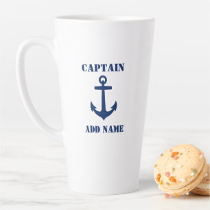 Tasse Latte Ancre classique Capitaine Bateau ou nom 2 face lar